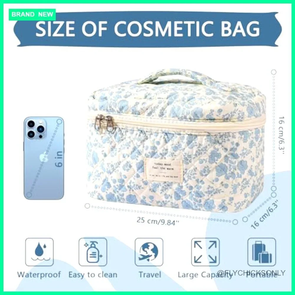 Large Cotton Cosmetic Bag, Travel Makeup Organizer with Zipper Closure